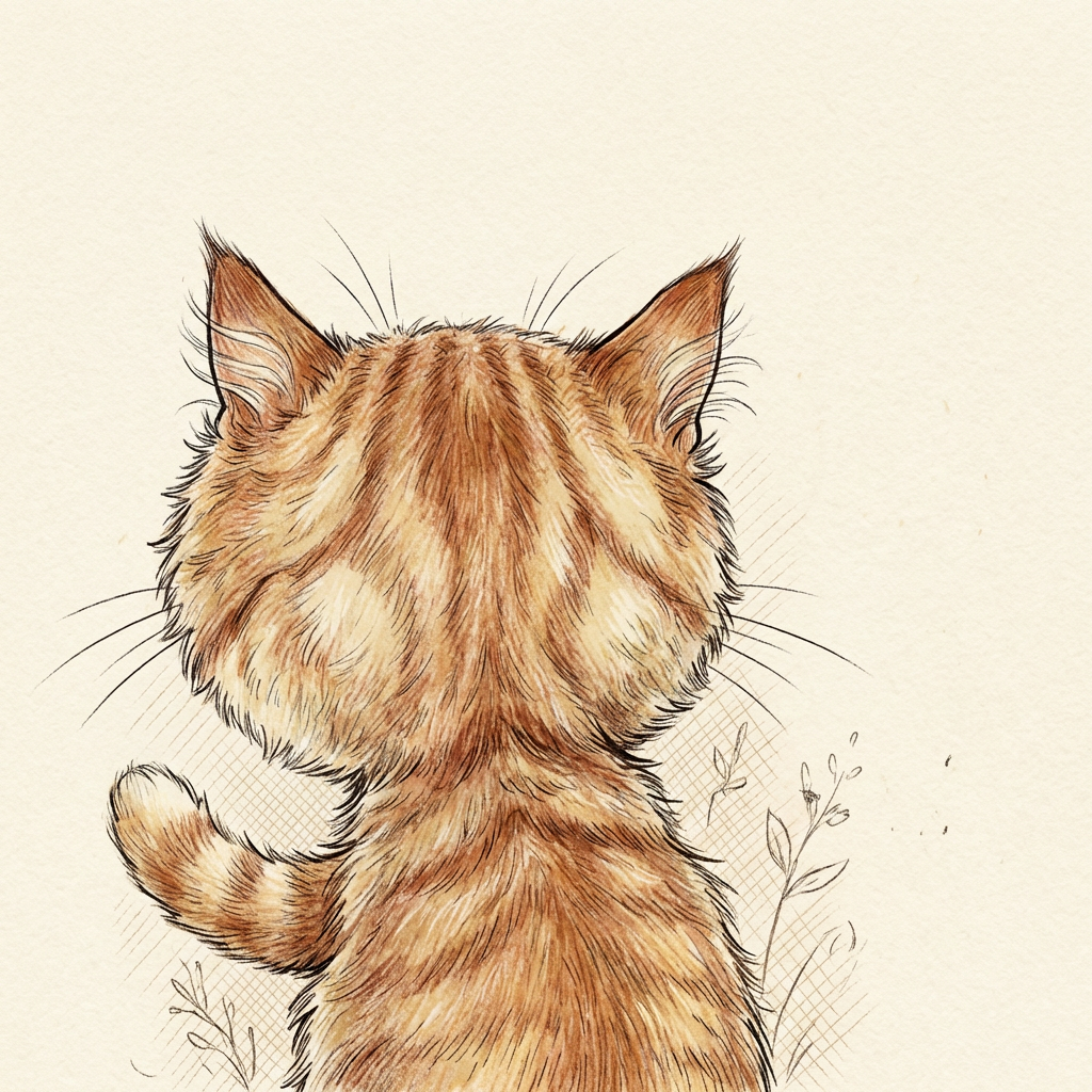 AI image generated of A minimalist drawing of a cat: a rounded head with pointy ears, a small rectangular body, and a curved tail.