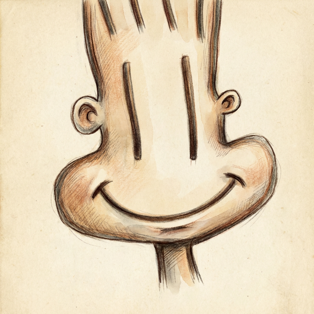 AI image generated of A simple, cartoonish drawing of a hand with a wide curved palm and short fingers.