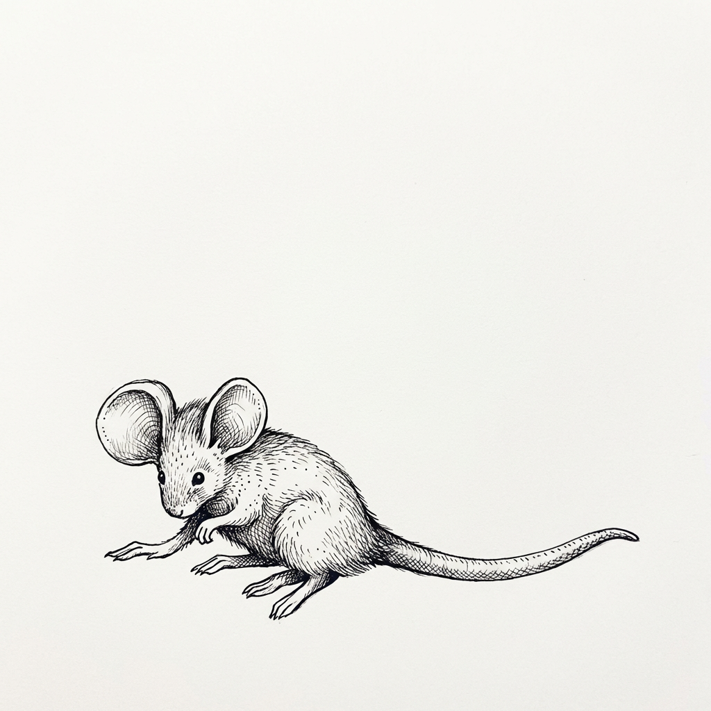 AI image generated of A simple black doodle of a mouse with large ears and a long tail.