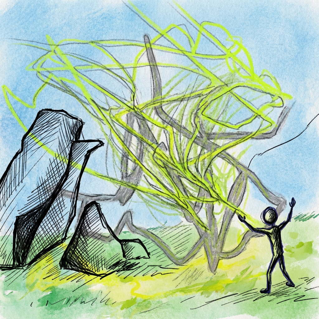 AI image generated of Two stick-figure people stand on a grassy field under a bright blue sky while a chaotic tangle of lime-green scribbles sprawls overhead.