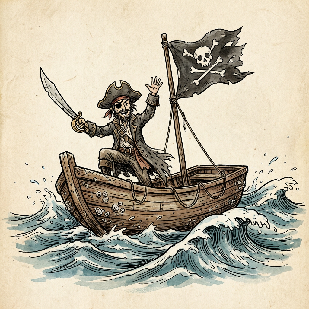 AI image generated of A simple drawing of a stick-figure person in a small boat on wavy water, holding a long pointed object and with a flag fluttering from a pole at the stern.