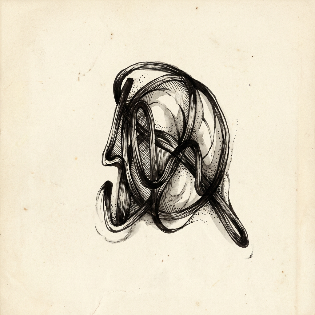 AI image generated of An abstract, tangled sketch that loosely resembles a head or face, formed by overlapping black lines.