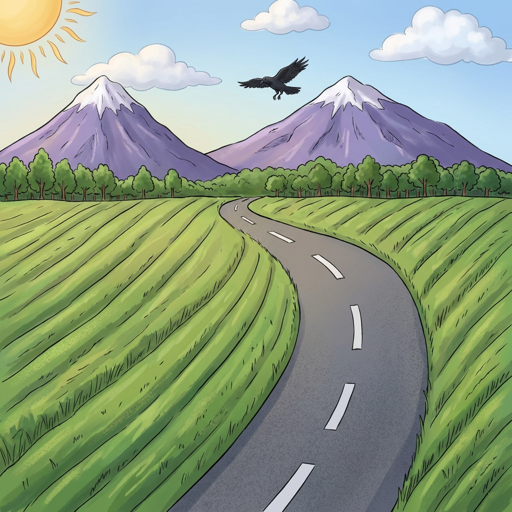 AI image generated of A winding dark road with white dashed lines snakes toward purple mountains across a turquoise landscape under a sunny blue sky with clouds and a small bird.