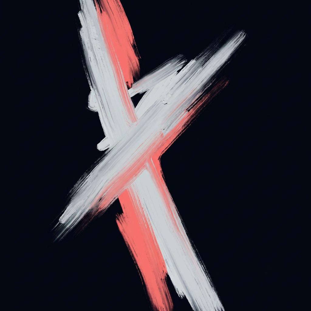AI image generated of An abstract, cross-shaped composition of bold white and pink brushstrokes overlapping on a dark background.