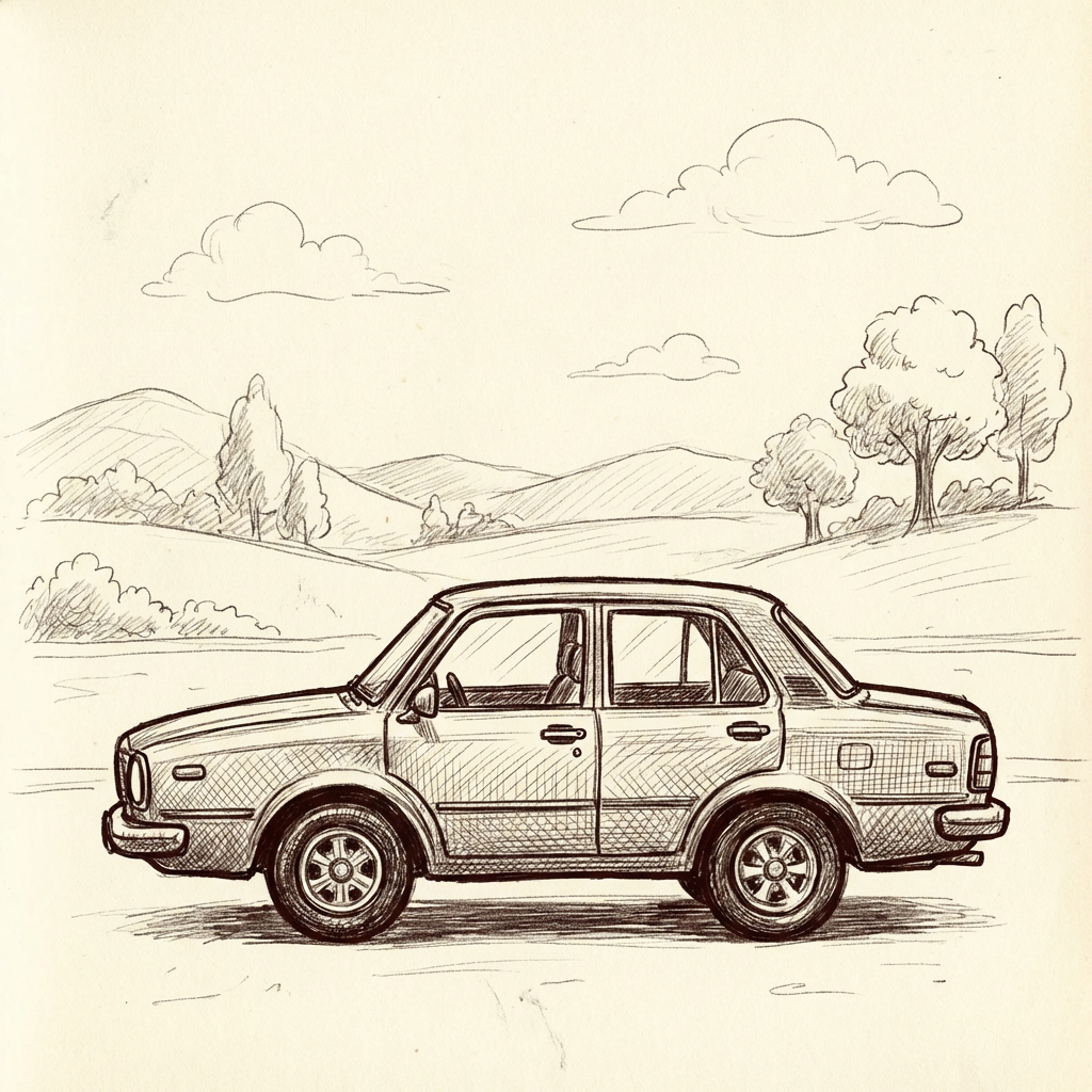 AI image generated of A simple, hand-drawn side view of a sedan with two windows and two wheels.