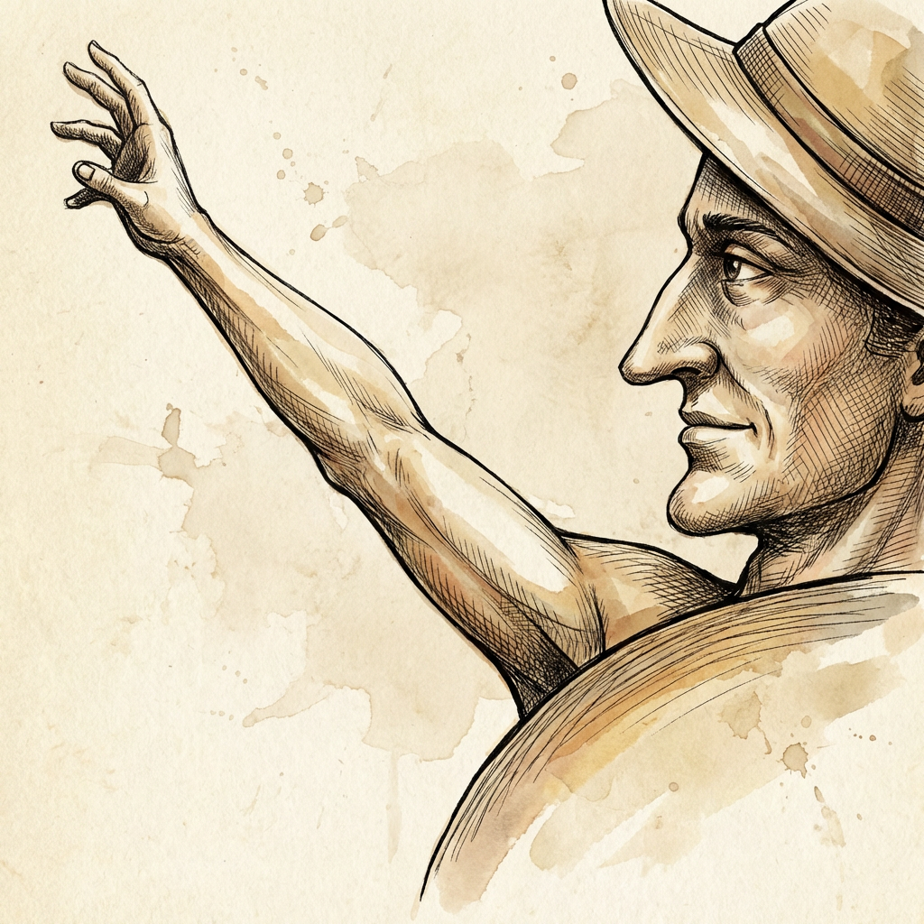 AI image generated of A simple line drawing of a person in profile with one arm raised high.