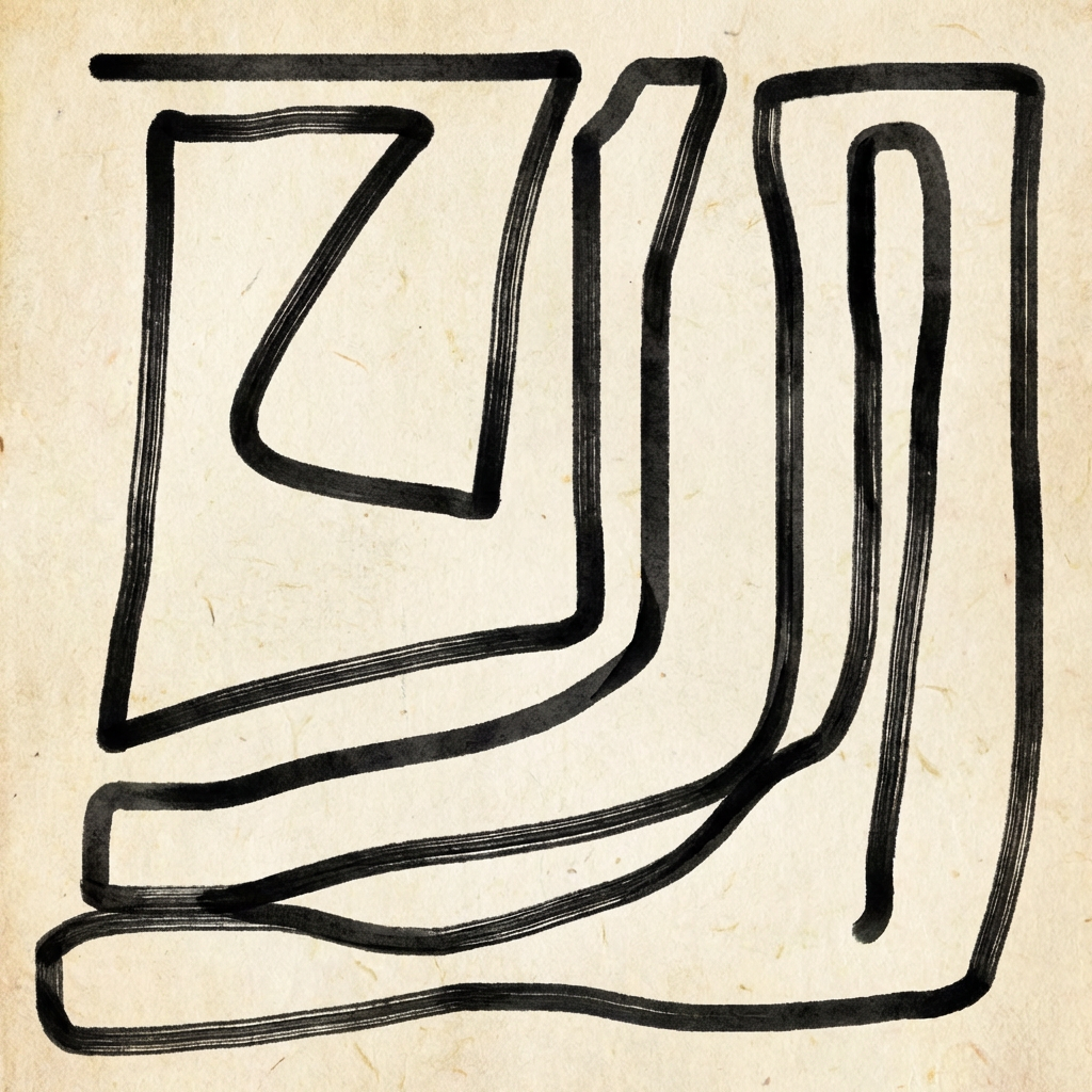 AI image generated of An abstract, thick-lined drawing of a rounded-square frame with looping, maze-like curves inside.