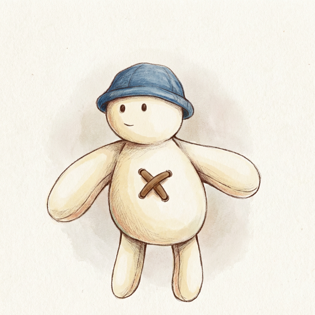 AI image generated of A simple, kid-style drawing of a smiling person with wing-like arms, wearing a cap, and a big X on the chest.