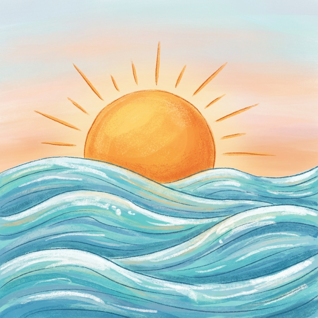 AI image generated of A simple drawing of an orange sun rising behind blue waves with sun rays radiating outward.