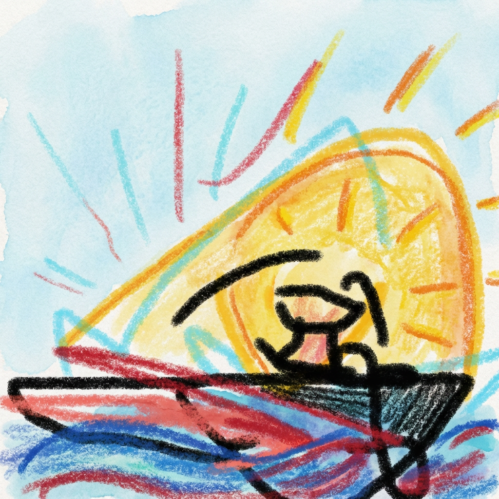 AI image generated of A blue background with a large yellow curved outline enclosing a black scribbled shape in the center, pinkish cross-strokes across the bottom, and a few orange-red marks and tiny yellow dots around it.