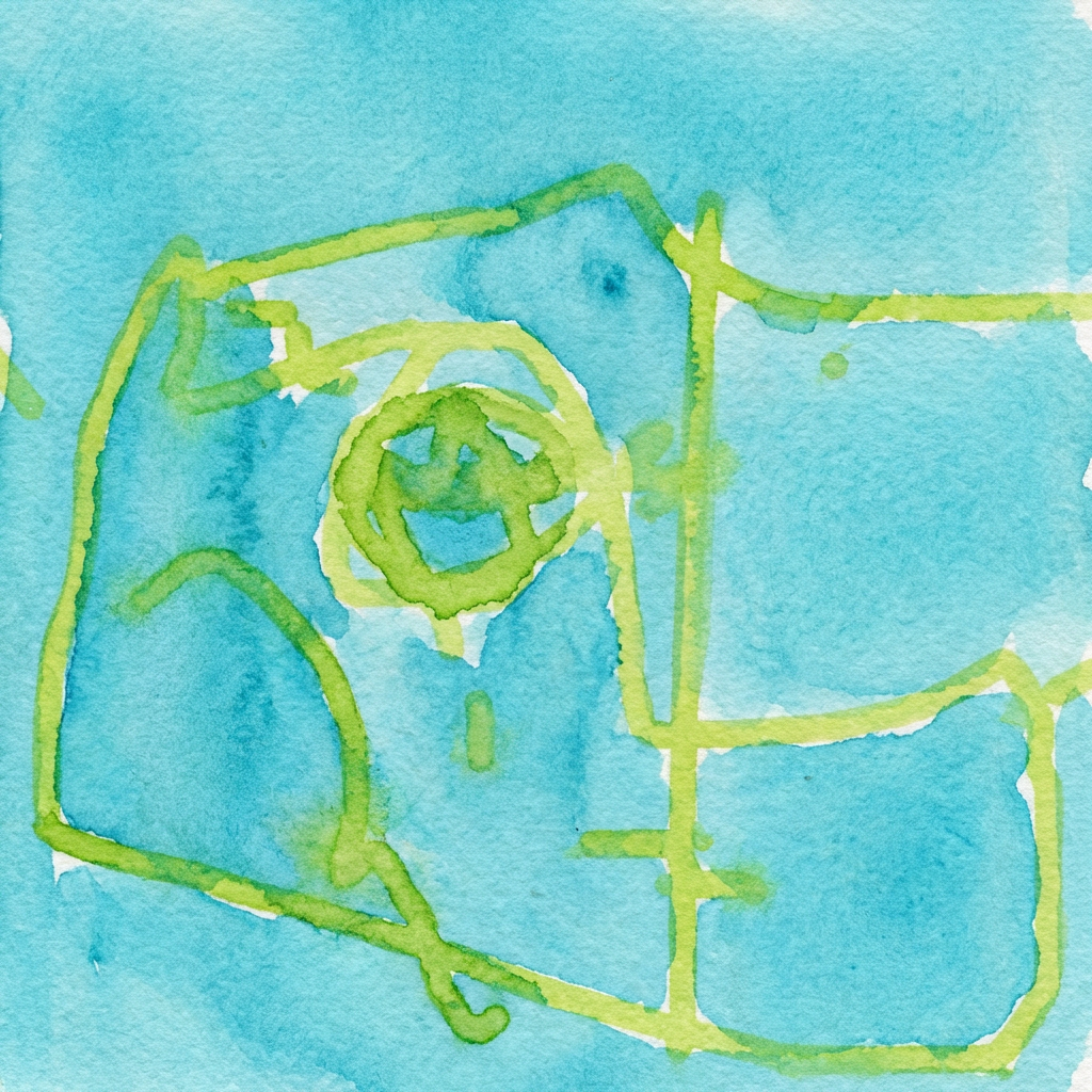 AI image generated of A bright lime-green doodle on a blue background that resembles a boxy camera with a circular lens in the middle.