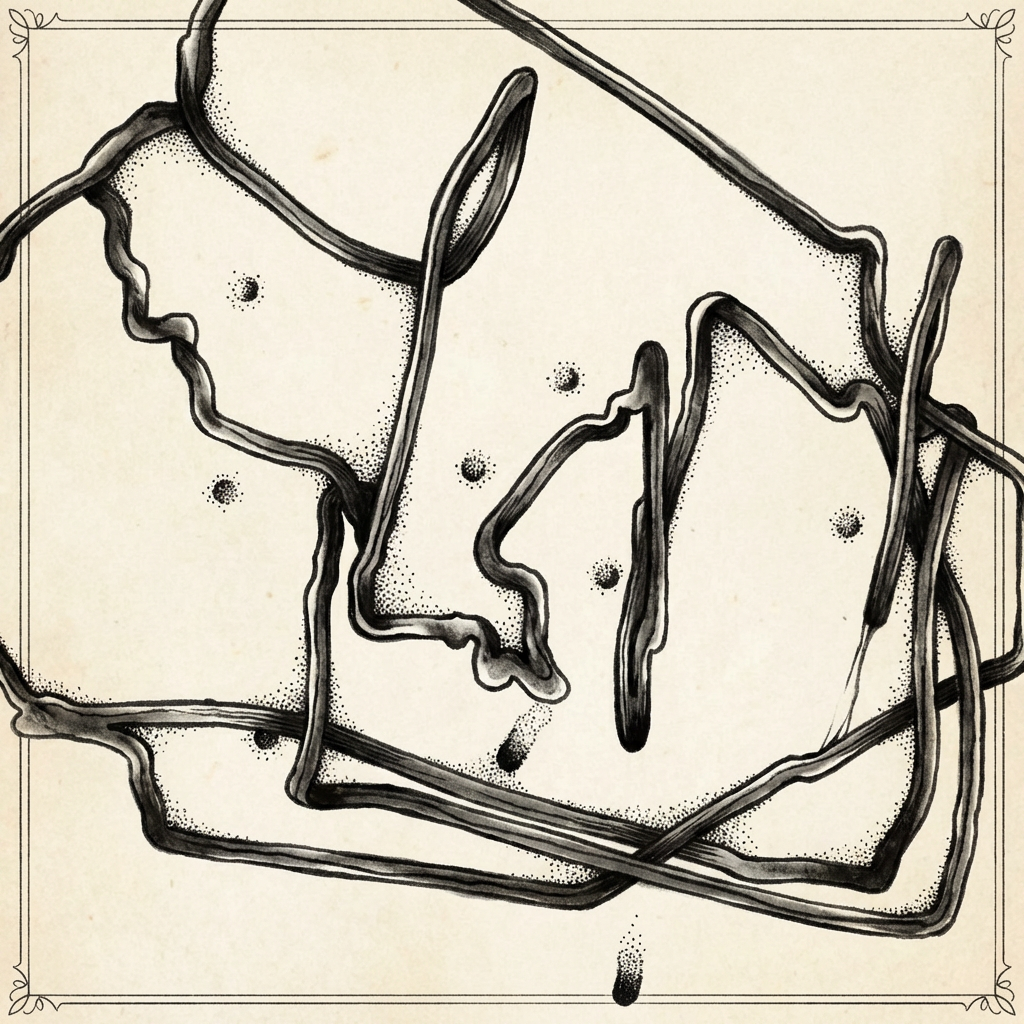 AI image generated of A bold, abstract doodle of overlapping, curved lines with scattered dots that vaguely resembles a face in profile.