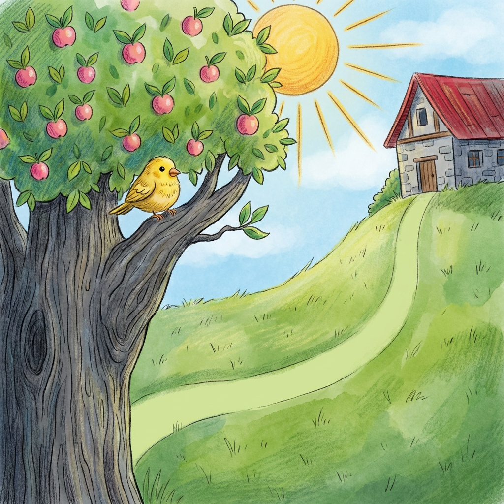 AI image generated of A bright, childlike scene of a yellow figure swinging from a tree on a cliffside above a blue river, with green hills and a spotted fruit tree in the background.