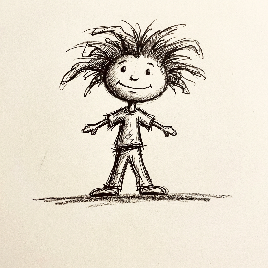 AI image generated of A childlike stick-figure drawing of a person with a round head, spiky hair, two eyes and a mouth, a long body, and outstretched arms and legs.