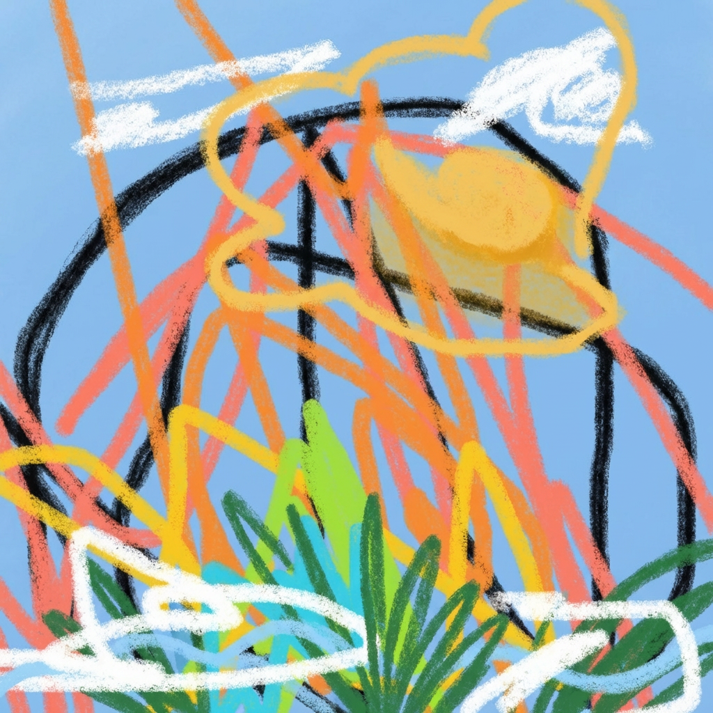 AI image generated of A vibrant, chaotic abstract doodle—layered scribbles and shapes in bright colors over a blue background, with a black circular outline at the center.