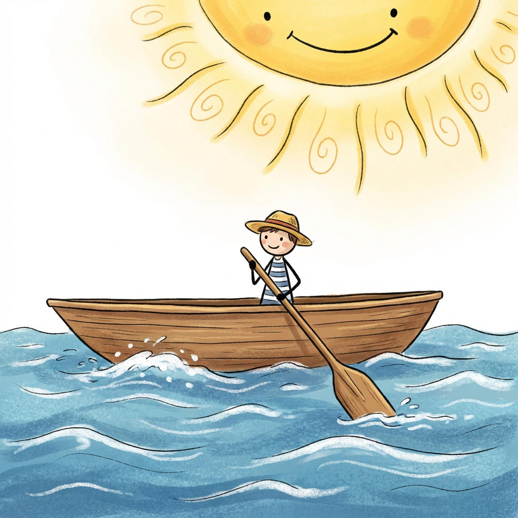 AI image generated of A person stands on a small boat on blue waves under a bright yellow sun, with a rope trailing from the boat into the water.