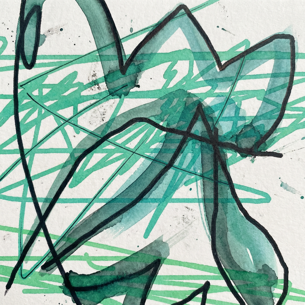 AI image generated of An abstract doodle with bold black lines forming jagged shapes, largely obscured by dense mint-green scribbles.