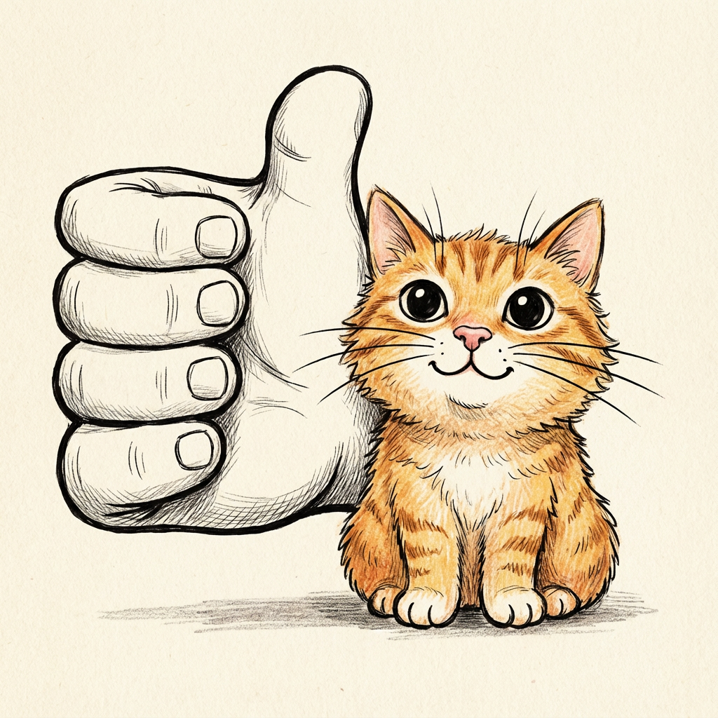 AI image generated of A small yellow-orange cat stands beside a large, hand-drawn thumbs-up.
