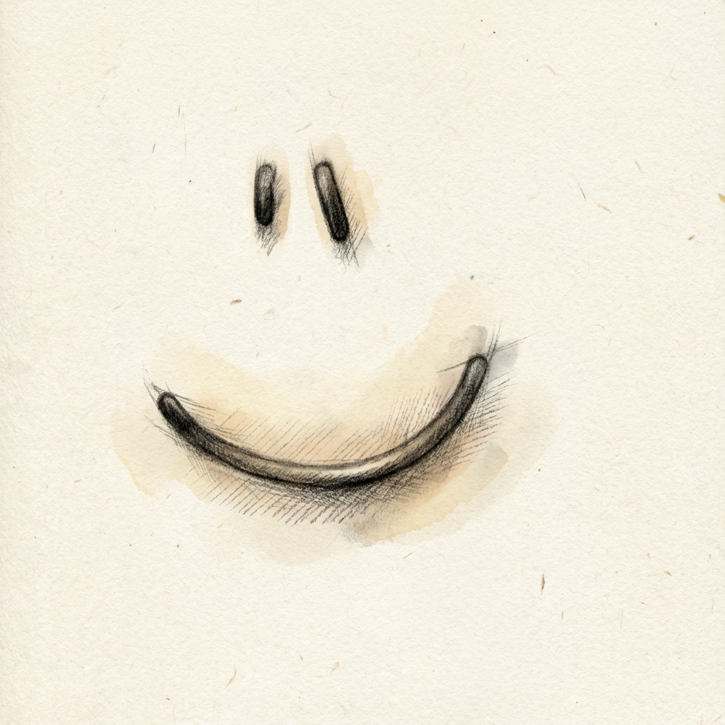 AI image generated of A minimalist smiley face with two small eyes (one vertical, one slanted) and a broad curved smile.