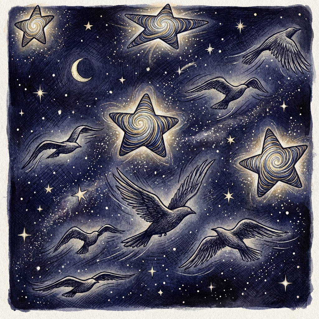 AI image generated of A simple doodle consisting of several hand-drawn stars and wavy squiggles scattered across the page.