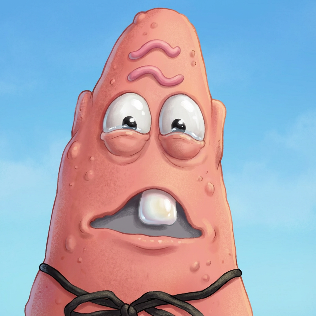 AI image generated of A pink, cone-shaped creature with large white eyes, a gray mouth, purple squiggly eyebrows, and a knotted black line around its neck against a bright blue background.