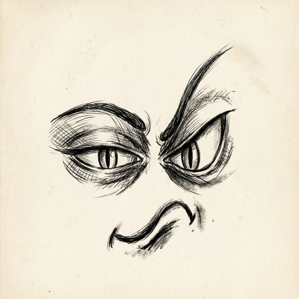 AI image generated of An abstract, minimalist sketch of a face with two eyes, a raised brow, and a curved frowning mouth, conveying an annoyed expression.