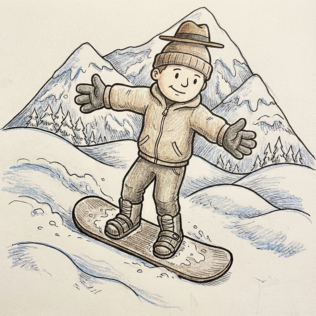 AI image generated of A simple stick-figure snowboarder wearing a hat rides a snowboard down a snowy mountain.