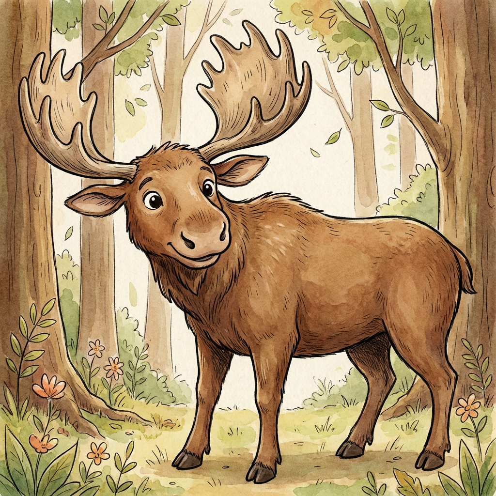 AI image generated of A playful, childlike drawing of a moose with oversized, branching antlers, a round head with a smile, and a chunky oval body with four legs.