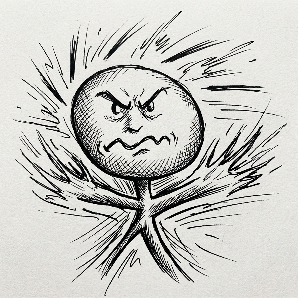 AI image generated of A panicked-looking stick figure with a big round head, an angry face, and arms and legs flailing.