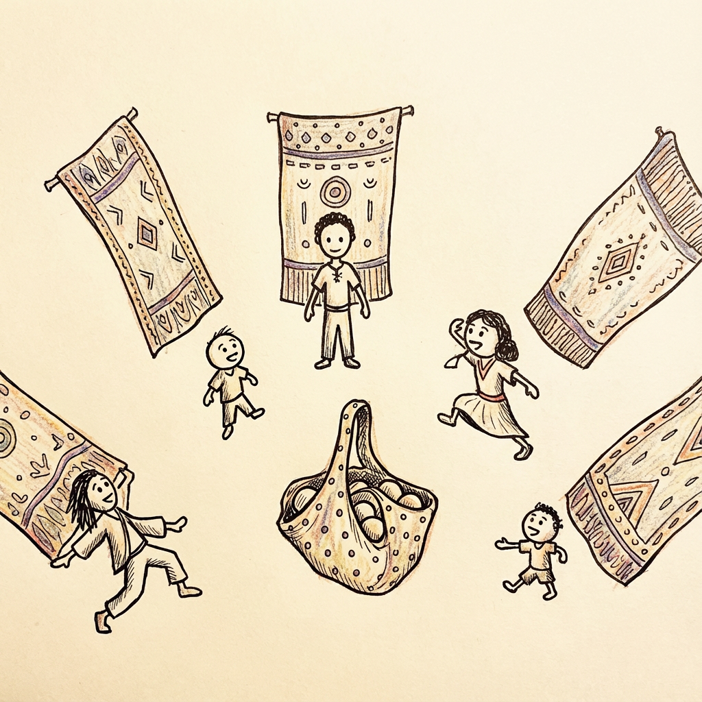 AI image generated of A group of stick figures gathers around a central figure in a circular space surrounded by tall door-like shapes.