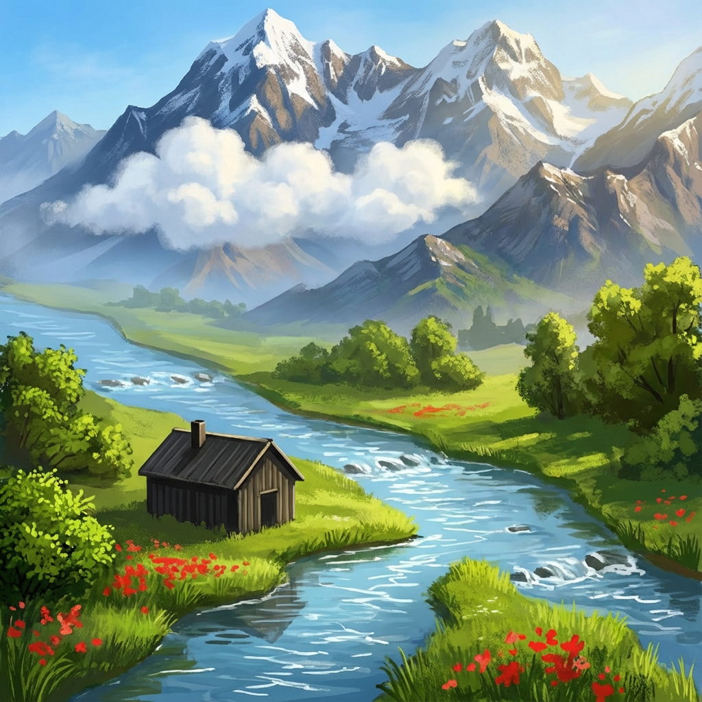 AI image generated of A childlike landscape featuring dark mountains, a bright blue river winding across, and a simple house with a tree nearby.