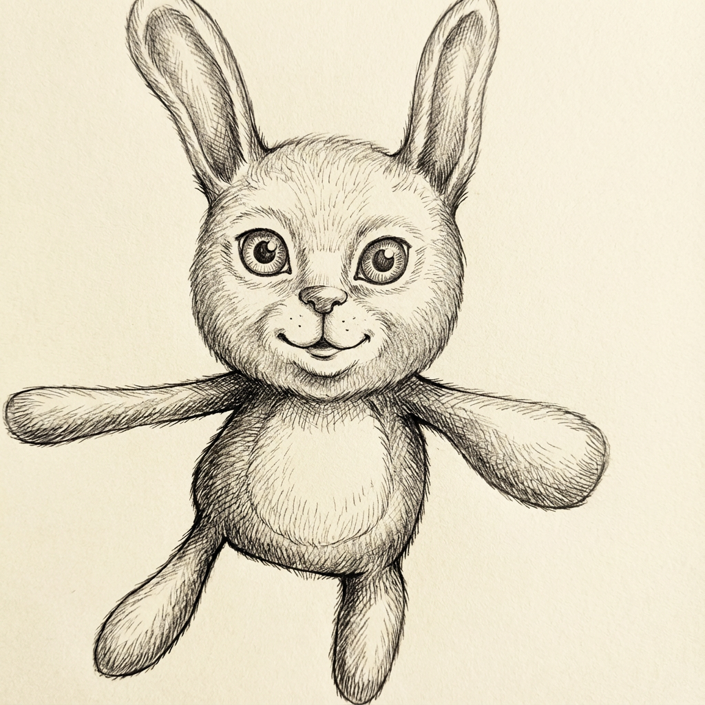 AI image generated of A cheerful, childlike drawing of a bunny with long ears, a round head and body, and outstretched arms.
