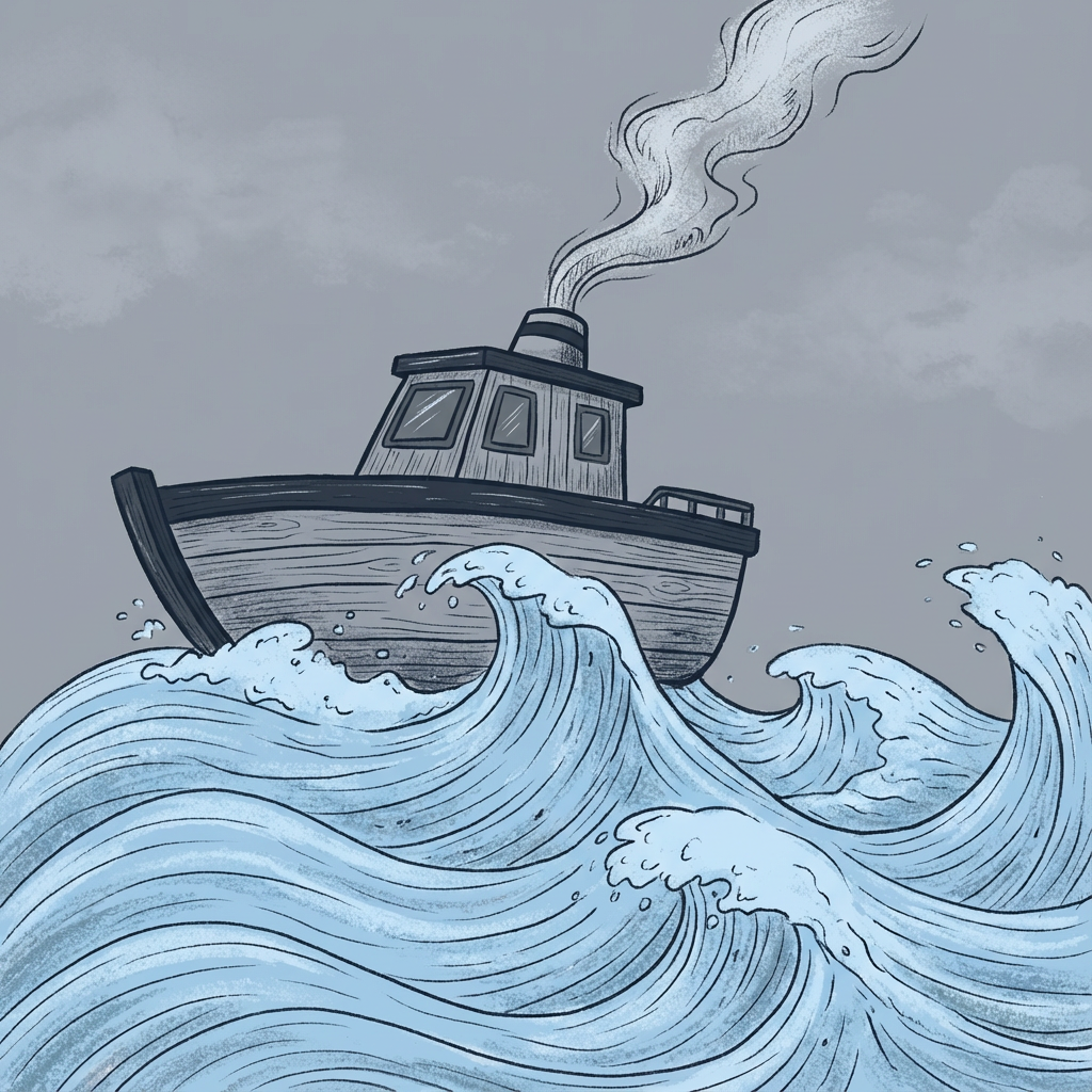 AI image generated of A simple sketch of a boat sailing on blue waves, with a smokestack and a plume of smoke rising from it.