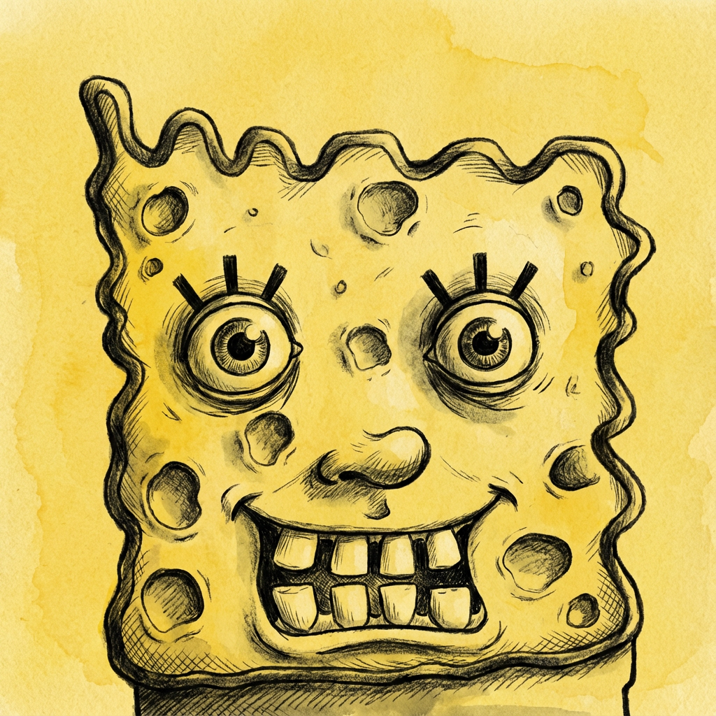 AI image generated of A rough, wavy-edged yellow square face with big eyes, a small nose, and a gritted-teeth expression.