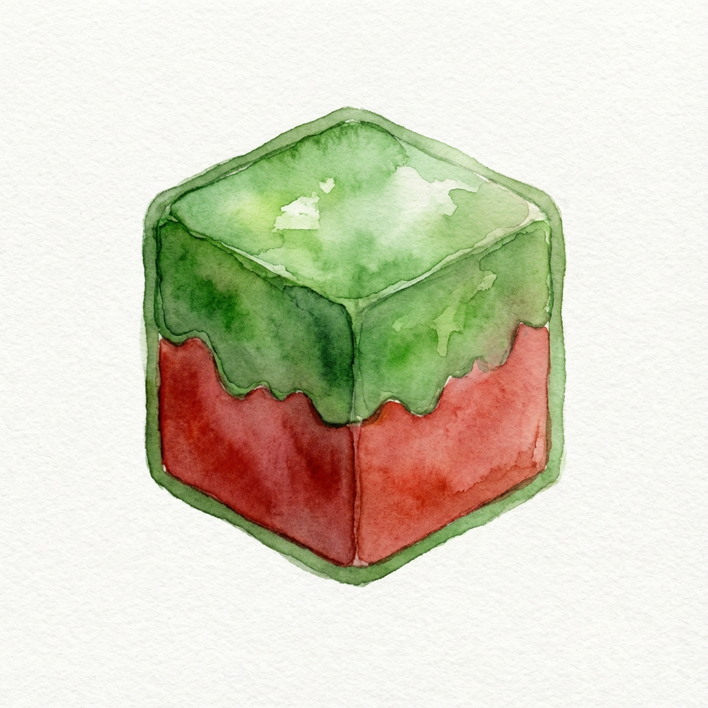 AI image generated of A teal-outlined cube with a green top and upper portion and a red lower portion, separated by a wavy dividing line.