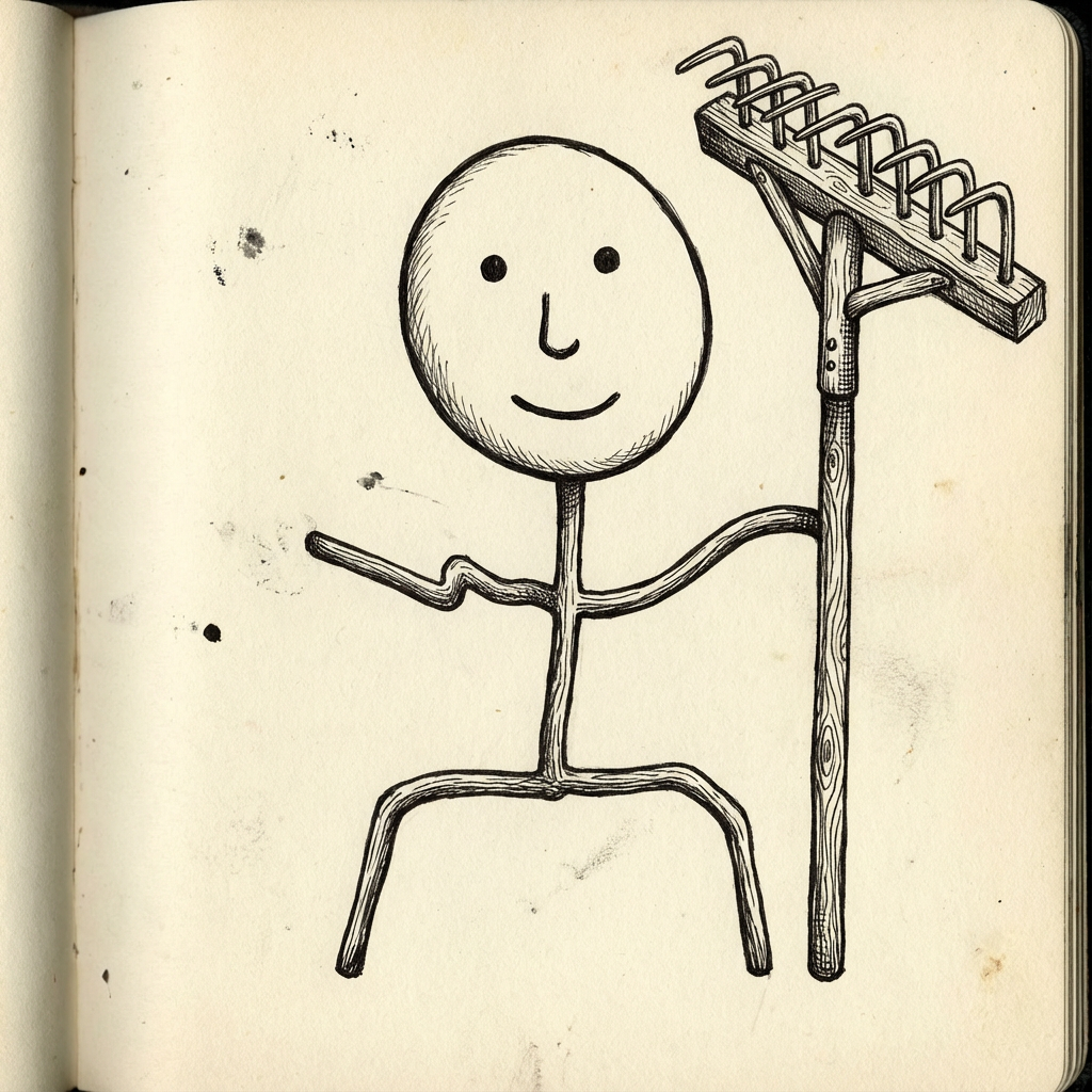 AI image generated of A simple stick-figure person with a round, smiling head, one arm outstretched and the other raised, standing with legs apart.