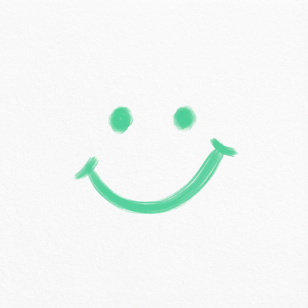 AI image generated of A minimalist teal smiley face with two dot eyes and a curved mouth on a pale background.