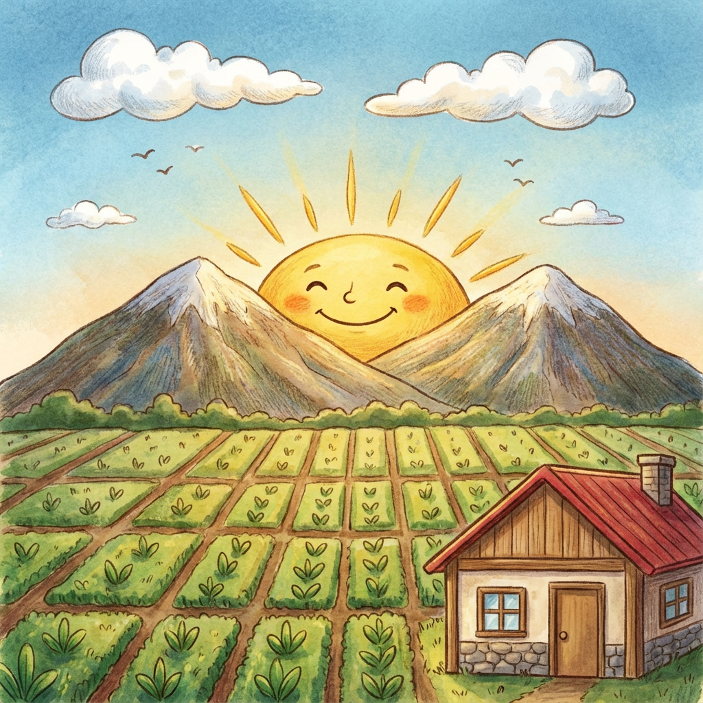 AI image generated of A smiling sun rises between two mountains over a grid-like field with a small house on the right, under a few fluffy clouds.