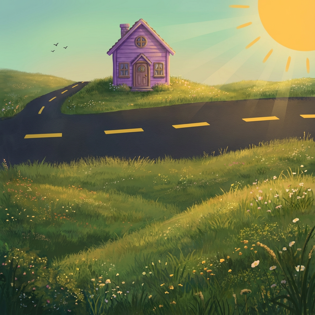 AI image generated of A bright, childlike landscape with a green field, a long black road dashed with yellow lines, a small purple house with a pink curved roof in the distance, two tiny black dots like trees, and a yellow sun shining in the upper right.