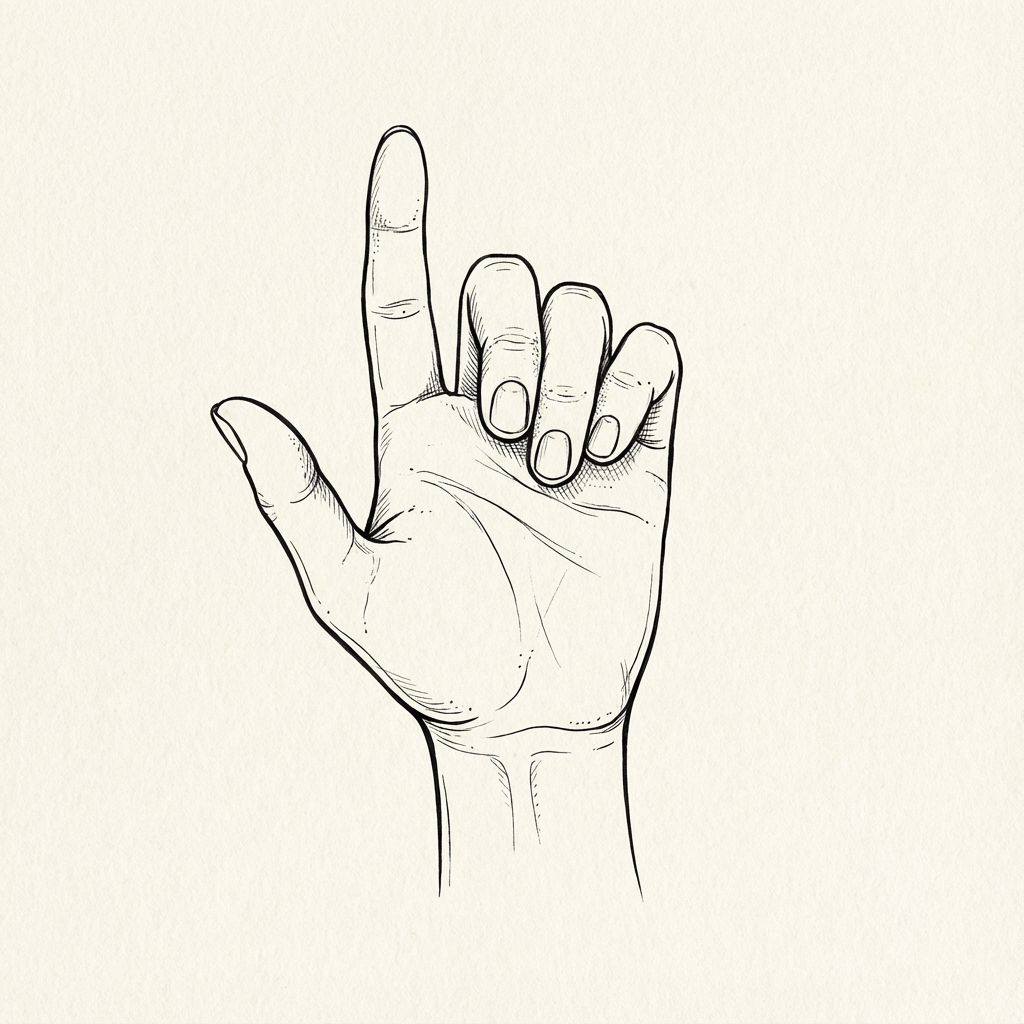 AI image generated of A simple, bold outline of a hand with four fingers extended upward and the thumb tucked to the side.