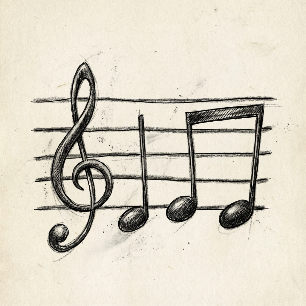 AI image generated of A hand-drawn treble clef on a five-line staff with several notes.