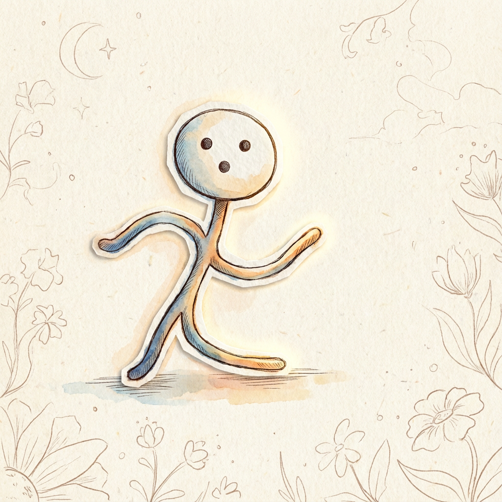 AI image generated of A simple stick-figure person with a round head and a smile is walking.
