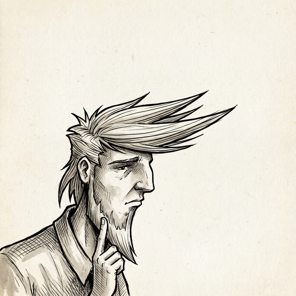 AI image generated of A minimalist line drawing of a man in profile with spiky hair and a beard.