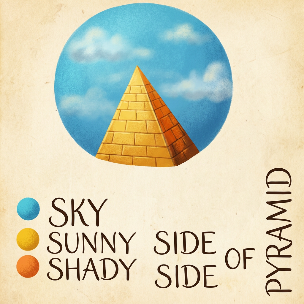 AI image generated of A bright blue sky circle frames a yellow pyramid with an orange side, illustrating the sunny and shady sides of a pyramid.