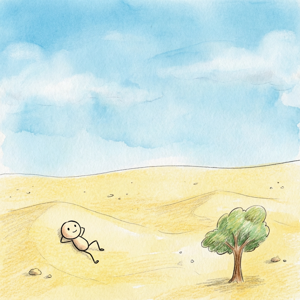 AI image generated of A simple black stick figure stands on bright yellow ground under a large blue sky, with a green tree to the right.