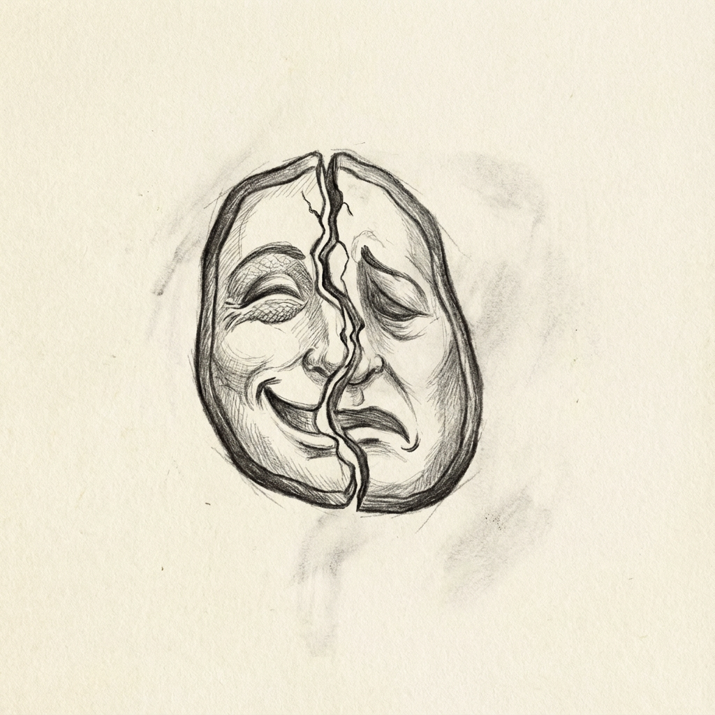 AI image generated of A circular face split in half by a vertical line, with a happy expression on the left and a sad expression on the right.