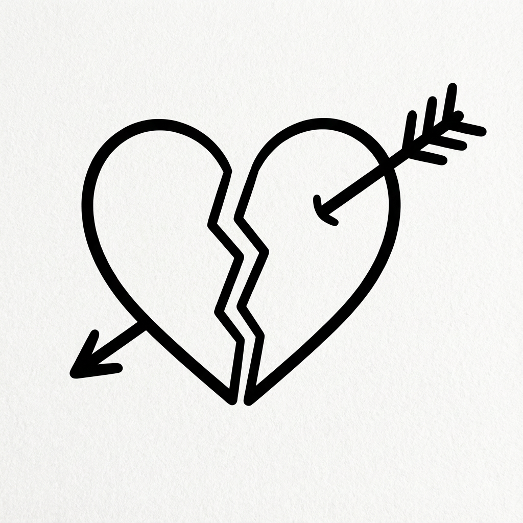 AI image generated of A broken heart with a jagged crack down the middle and arrows sticking out from both sides.