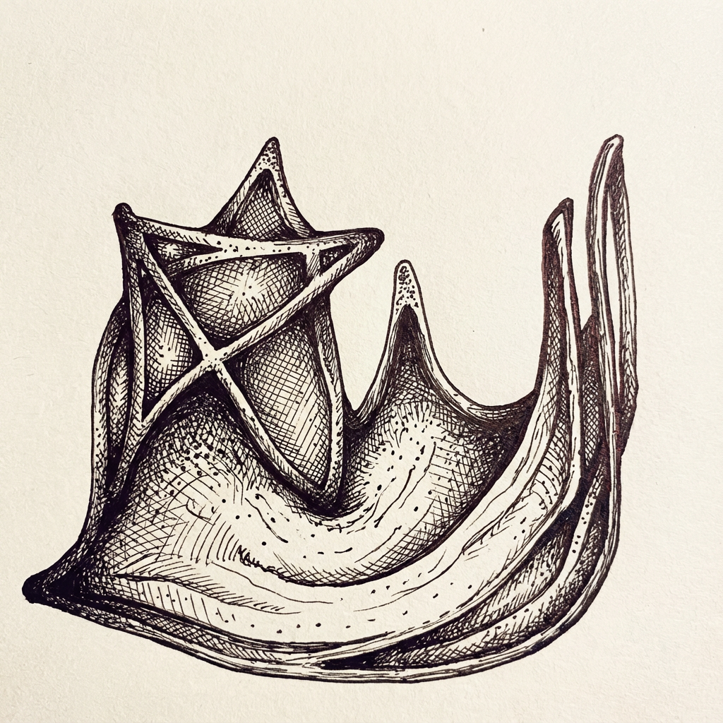 AI image generated of An abstract, freehand doodle with a curved base, overlapping loops on the left, and a tall vertical stroke on the right.