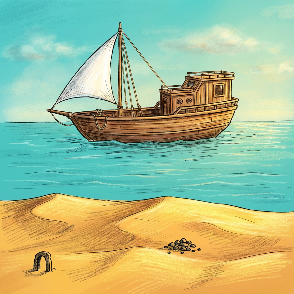 AI image generated of A simple, childlike sketch of a boat on blue water above a sandy yellow shore.