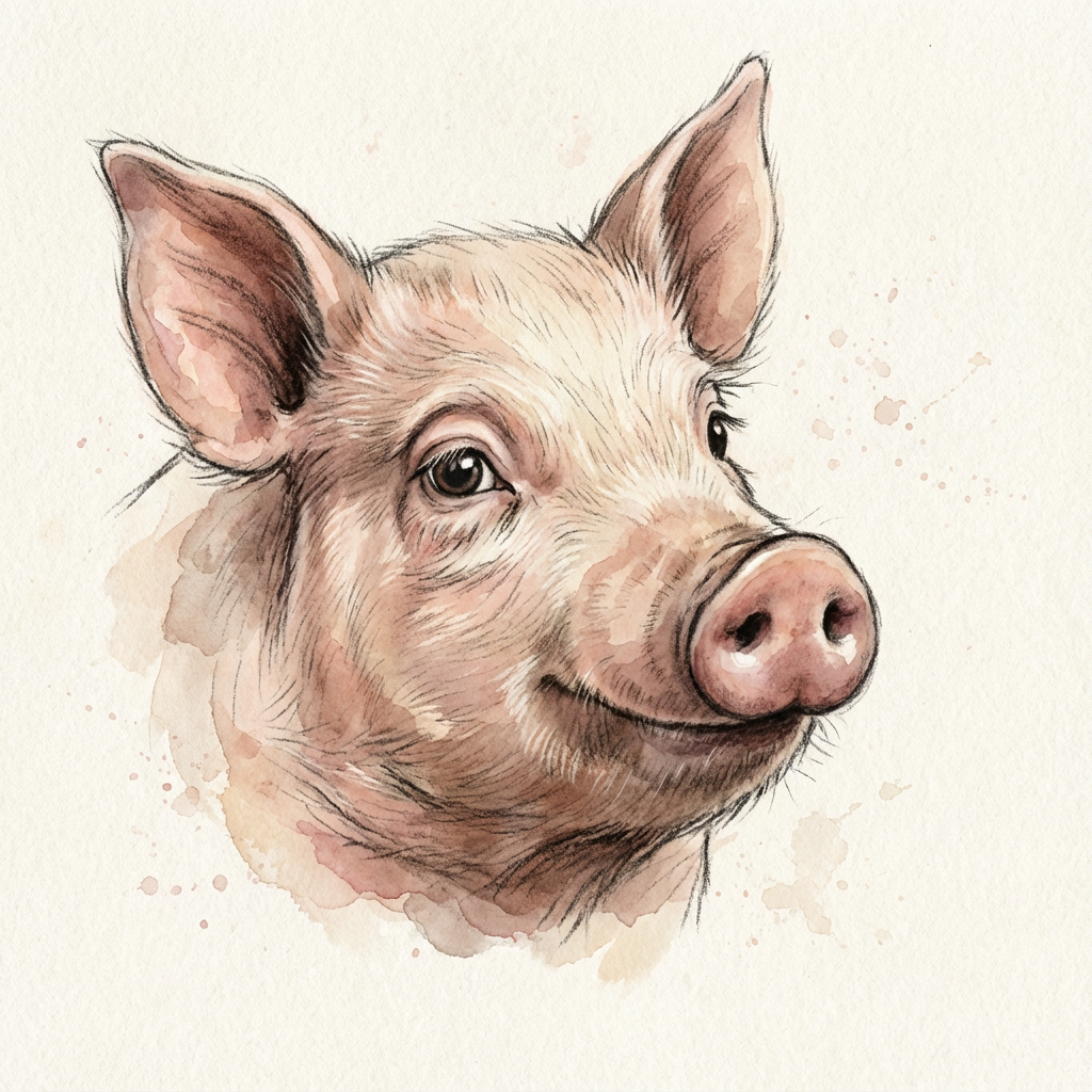 AI image generated of A simple cartoon drawing of a pig’s head with large ears, a rounded face, small eyes, and a snout.